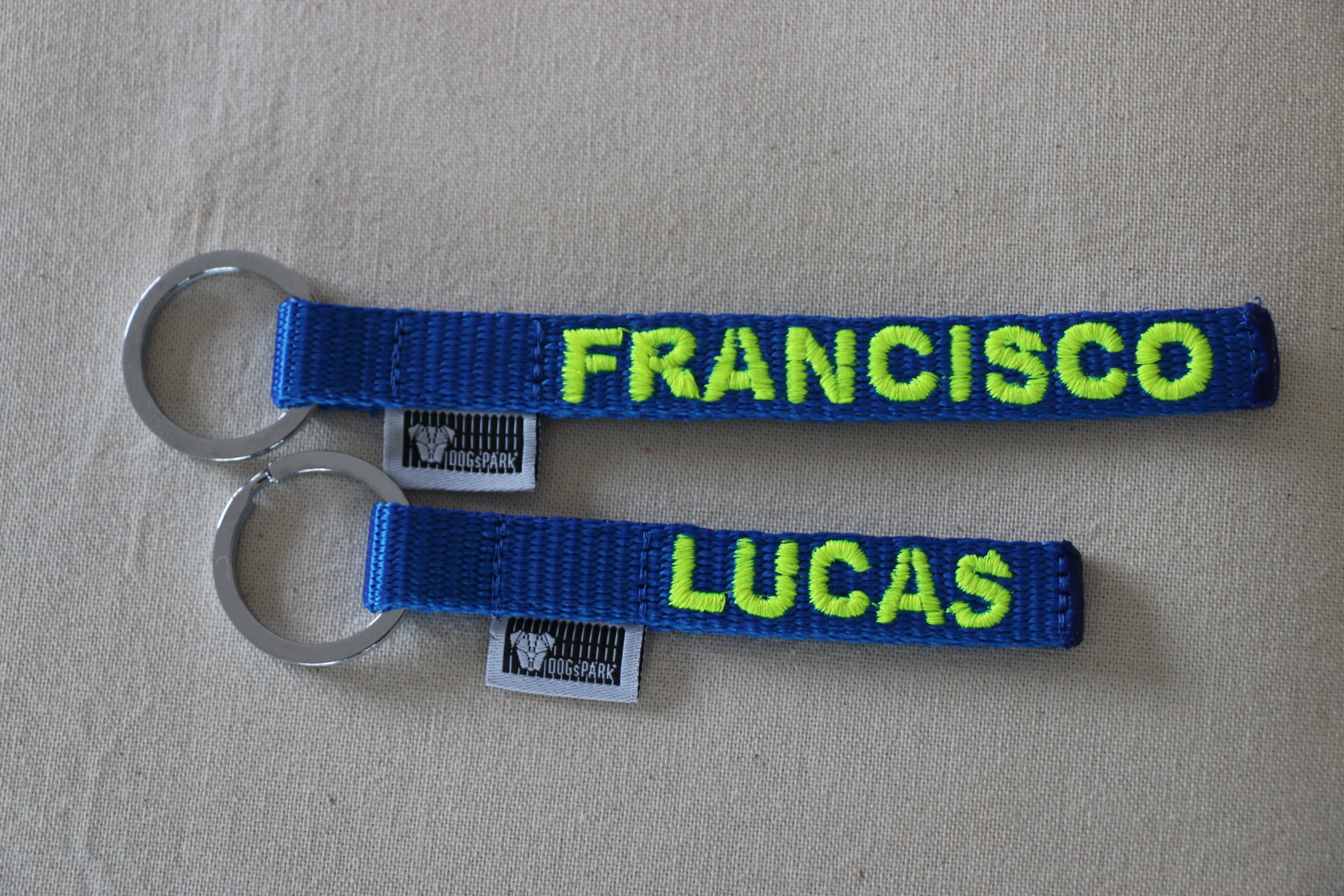 DOGsPARK Custom embroidered keychain blue with neon  yellow embroidery names. Handmade in Portugalelloe