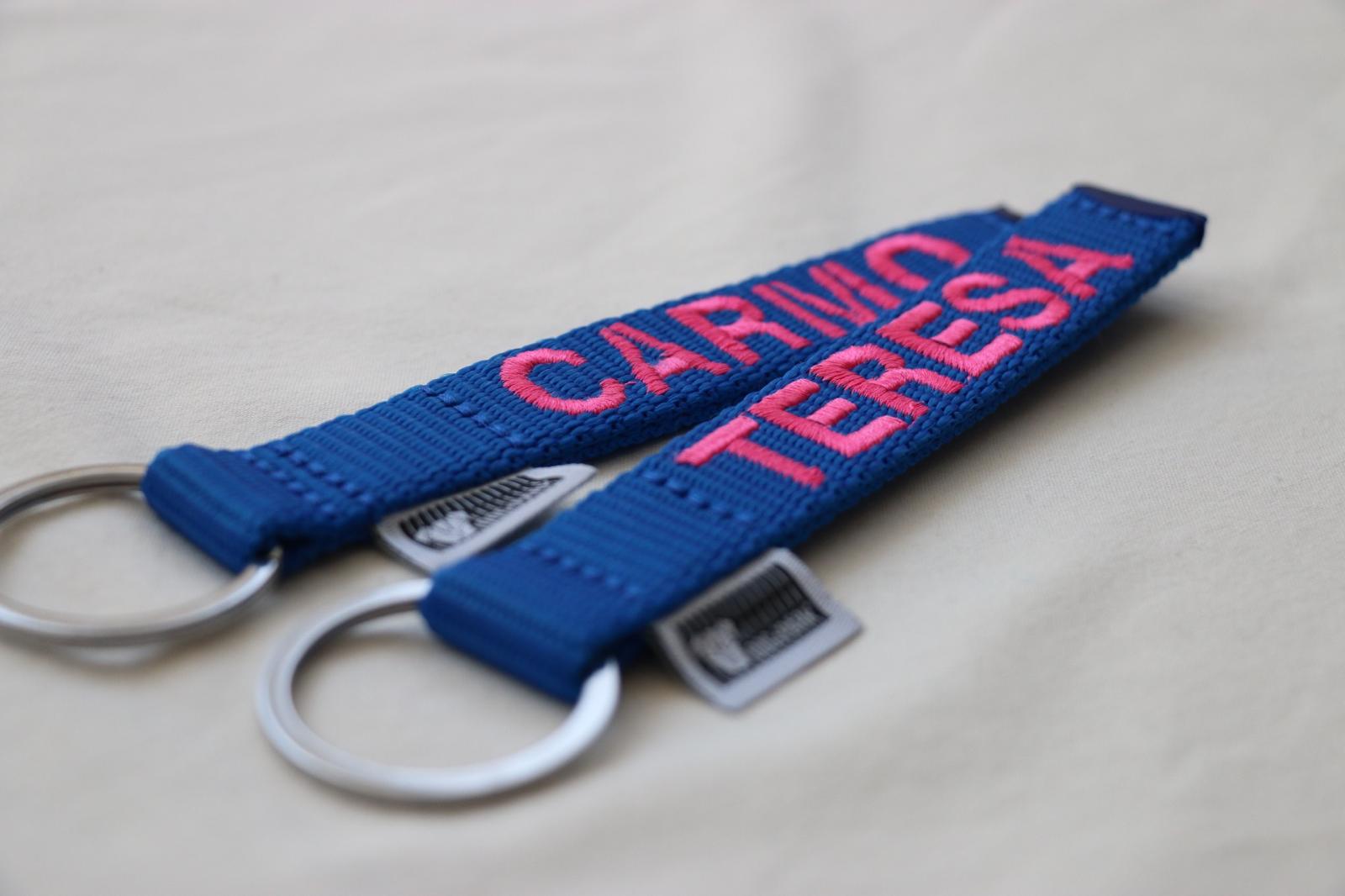 DOGsPARK Custom embroidered keychain blue with pink embroidery text, handmade in Portugal