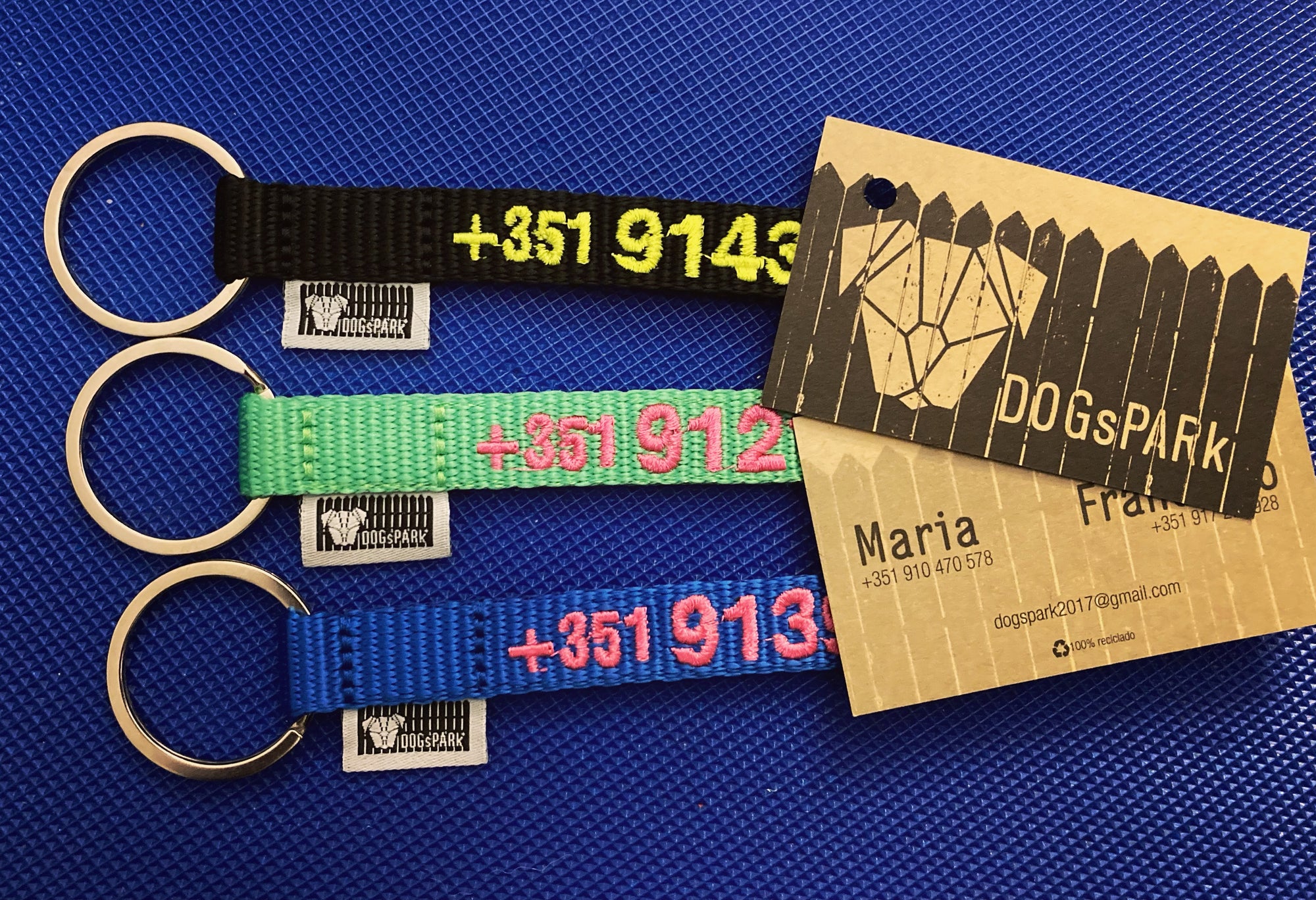 DOGsPARK Custom embroidered keychain black with neon yellow embroidery text, neon green with Pink Embroidery phone number and blue with pink mobile number. Handmade in Portugal