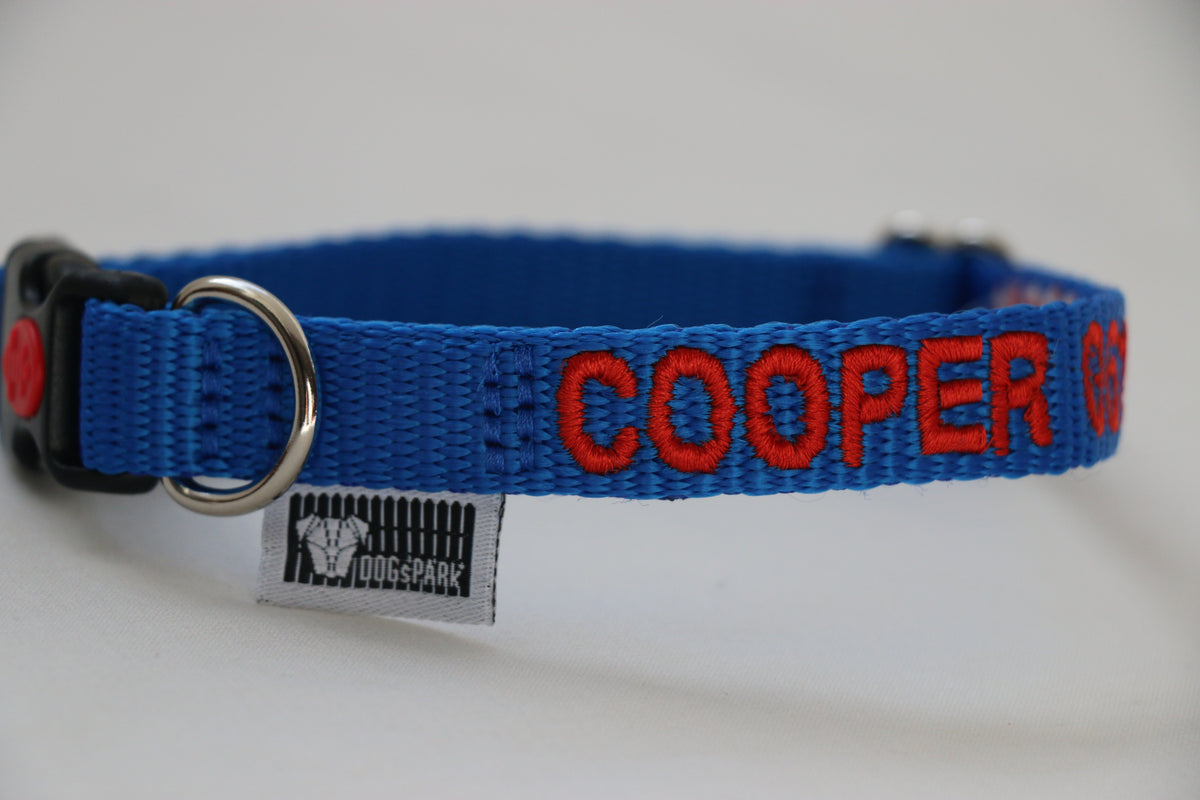 DOGsPARK Custom embroidered BLUE dog collar, 1,5cm Wide with red Embroidery Letters. Handmade in Portugal