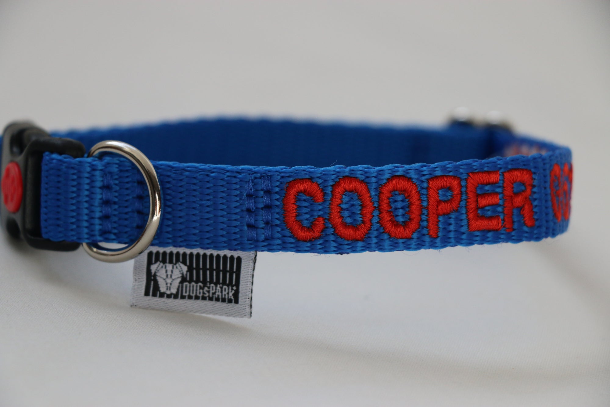 DOGsPARK Custom embroidered BLUE dog collar, 1,5cm Wide with red Embroidery Letters. Handmade in Portugal