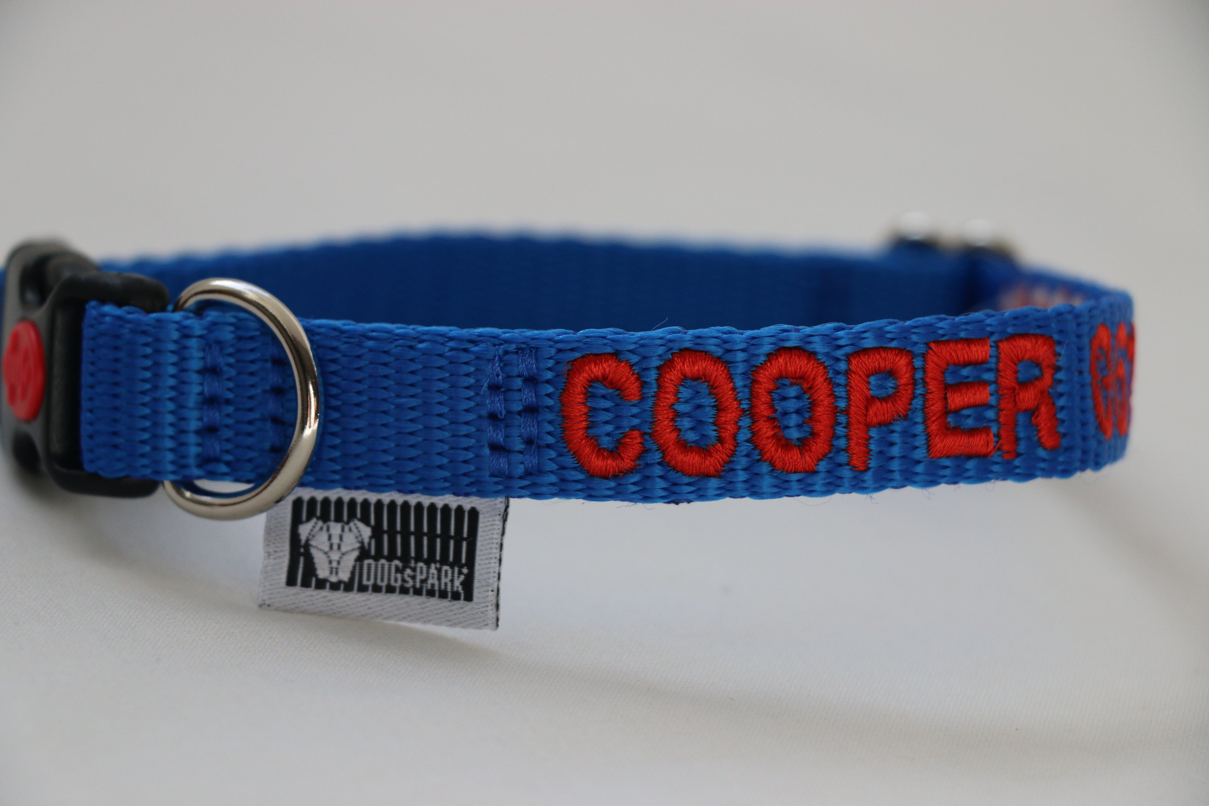 DOGsPARK Custom embroidered BLUE dog collar, 1,5cm Wide with red Embroidery Letters. Handmade in Portugal