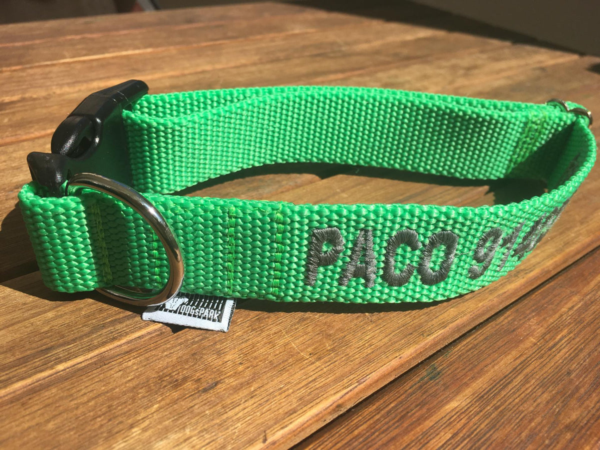 DOGsPARK Custom embroidered Fluorescente/Neon GREEN dog collar, 3cm Wide. Handmade in Portugal