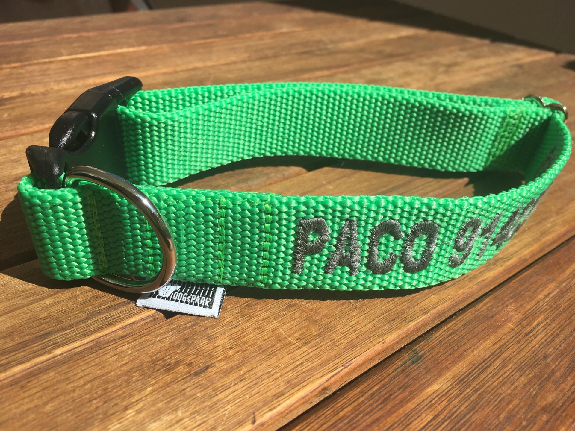 DOGsPARK Custom embroidered Fluorescente/Neon GREEN dog collar, 3cm Wide. Handmade in Portugal
