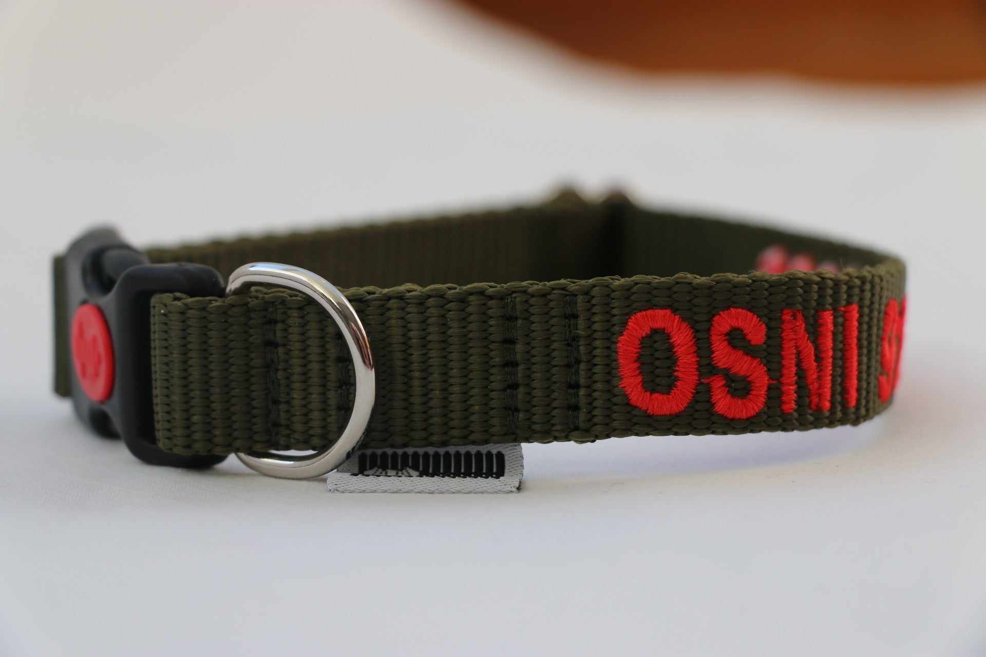 DOGsPARK Custom embroidered OLIVE dog collar, 2cm Wide with Red Embroidery. Handmade in Portugal