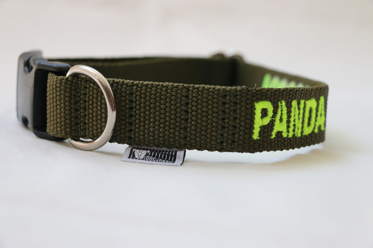 DOGsPARK Custom embroidered OLIVE dog collar, 2,5cm Wide. Handmade in Portugal