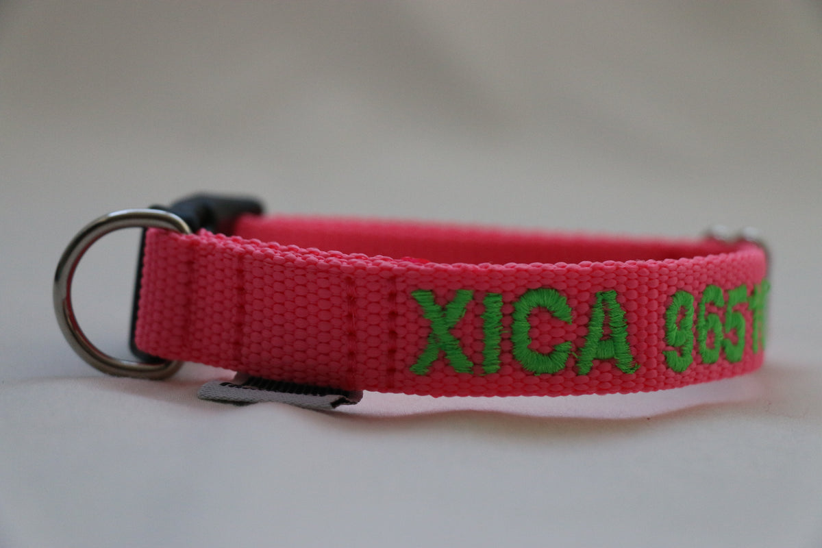 DOGsPARK Custom embroidered Fluorescent/neon PINK dog collar, 2cm Wide. Handmade in Portugal