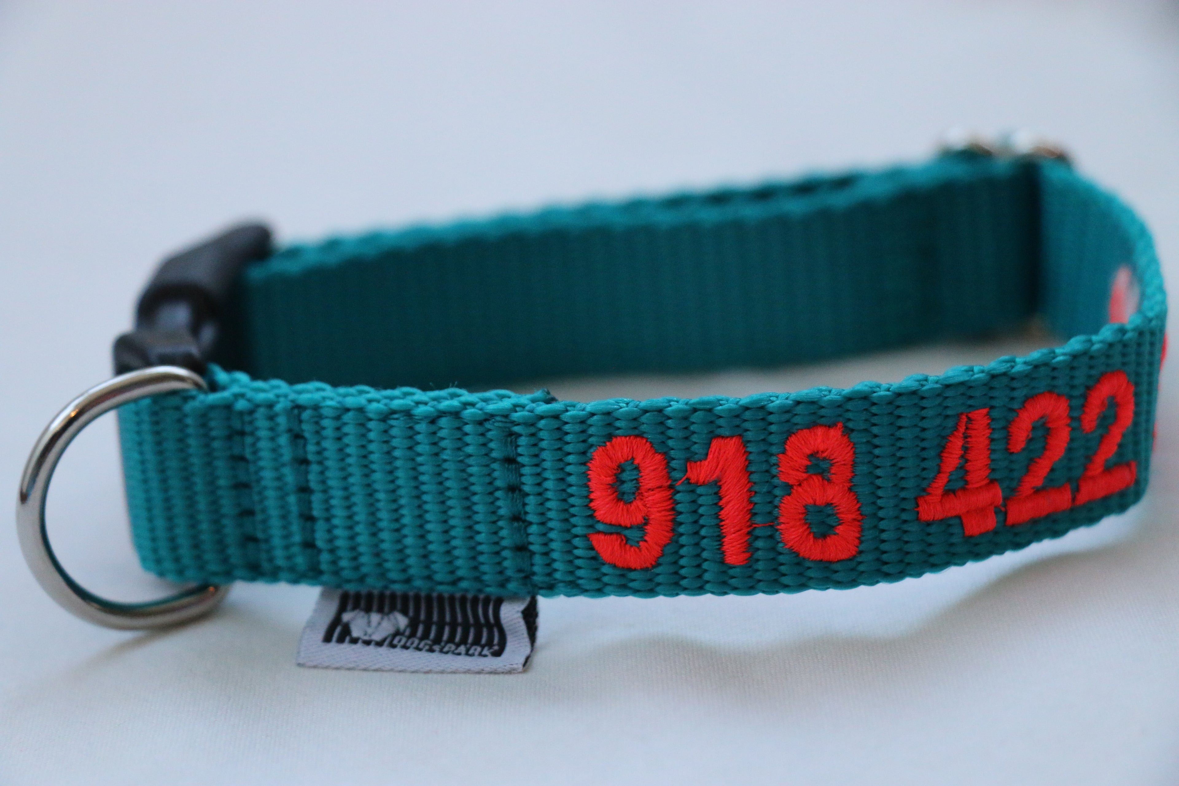 DOGsPARK Custom embroidered Teal dog collar, 2cm Wide. Handmade in Portugal