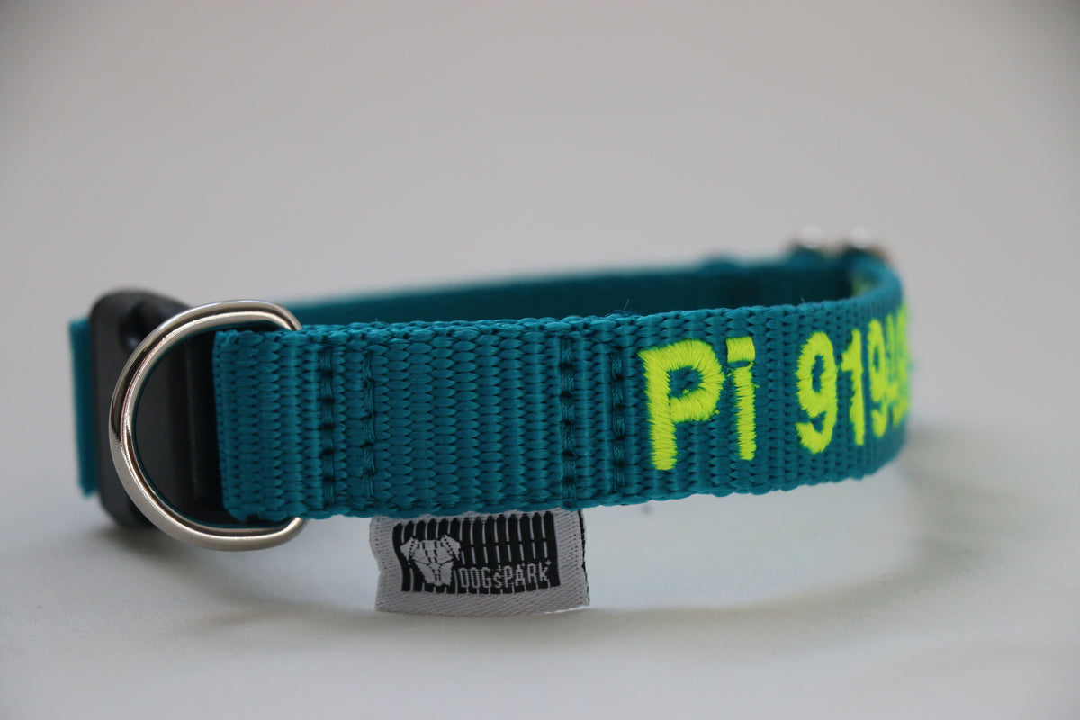 DOGsPARK Custom embroidered Teal dog collar, 2cm Wide. Handmade in Portugal