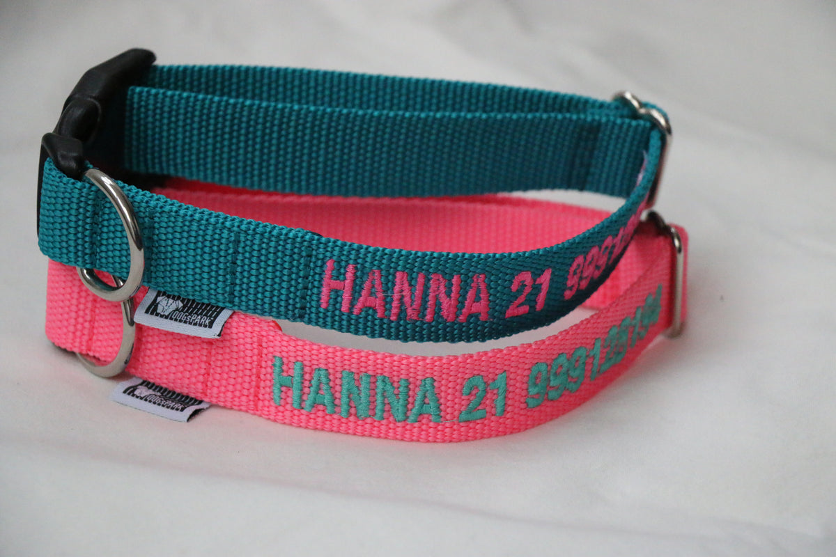DOGsPARKCustom  embroidered dog collar Set. Teal Webbing with Pink Embroidery and PINK Webbing With Light blue Embroidery. Both 2,5cm Wide. Handmade in Portugal