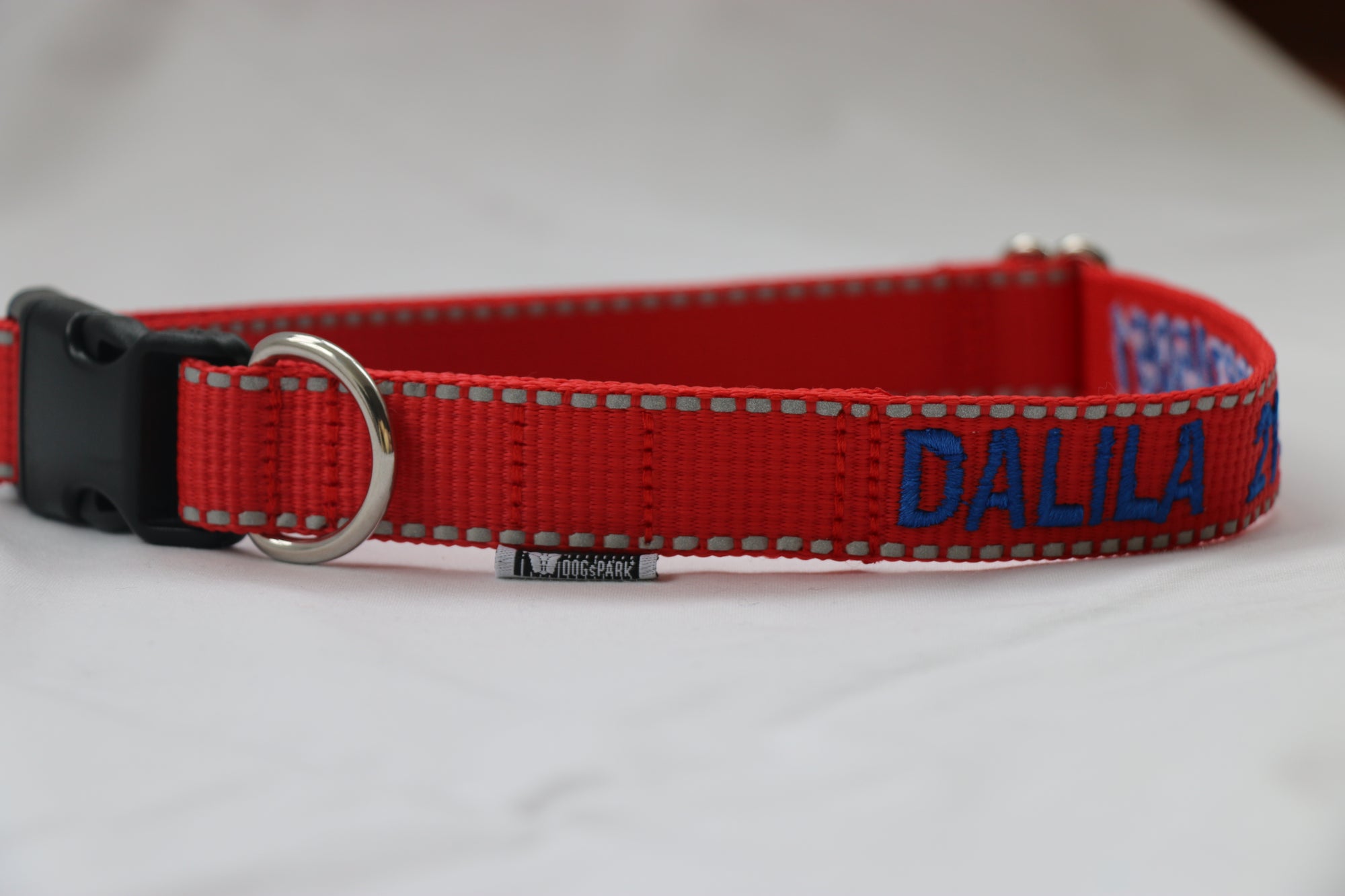 DOGsPARK Custom embroidered RED dog collar with reflective piping on the edges, 2,5cm Wide. Handmade in Portugal