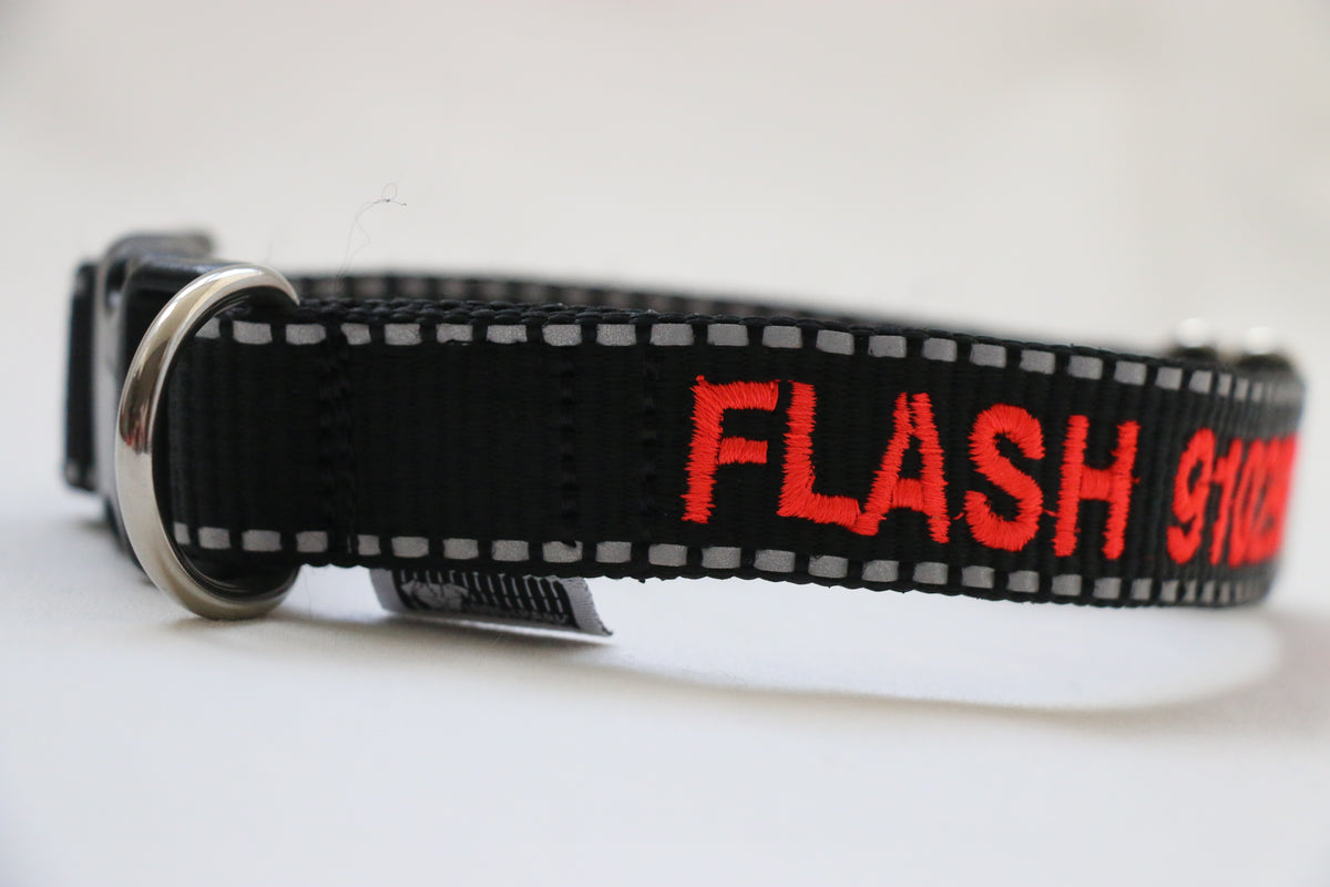 DOGsPARK Custom embroidered Black dog collar with Reflective piping on the edges, 2cm Wide. Handmade in Portugal