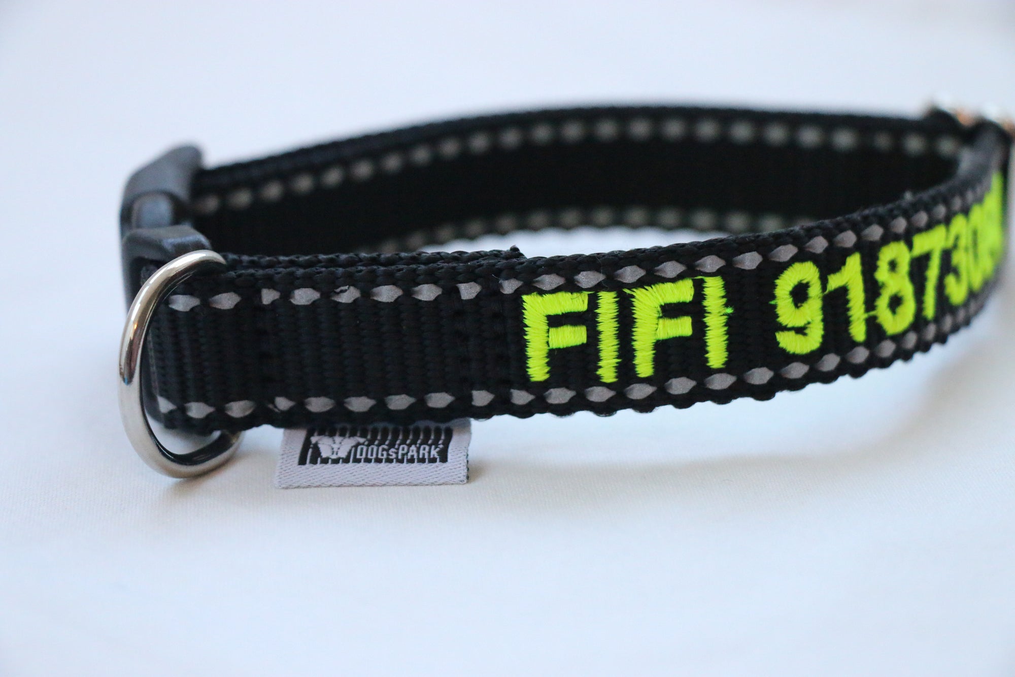 DOGsPARK Custom embroidered BLACK dog collar with Reflective Piping, 2cm Wide. Handmade in Portugal