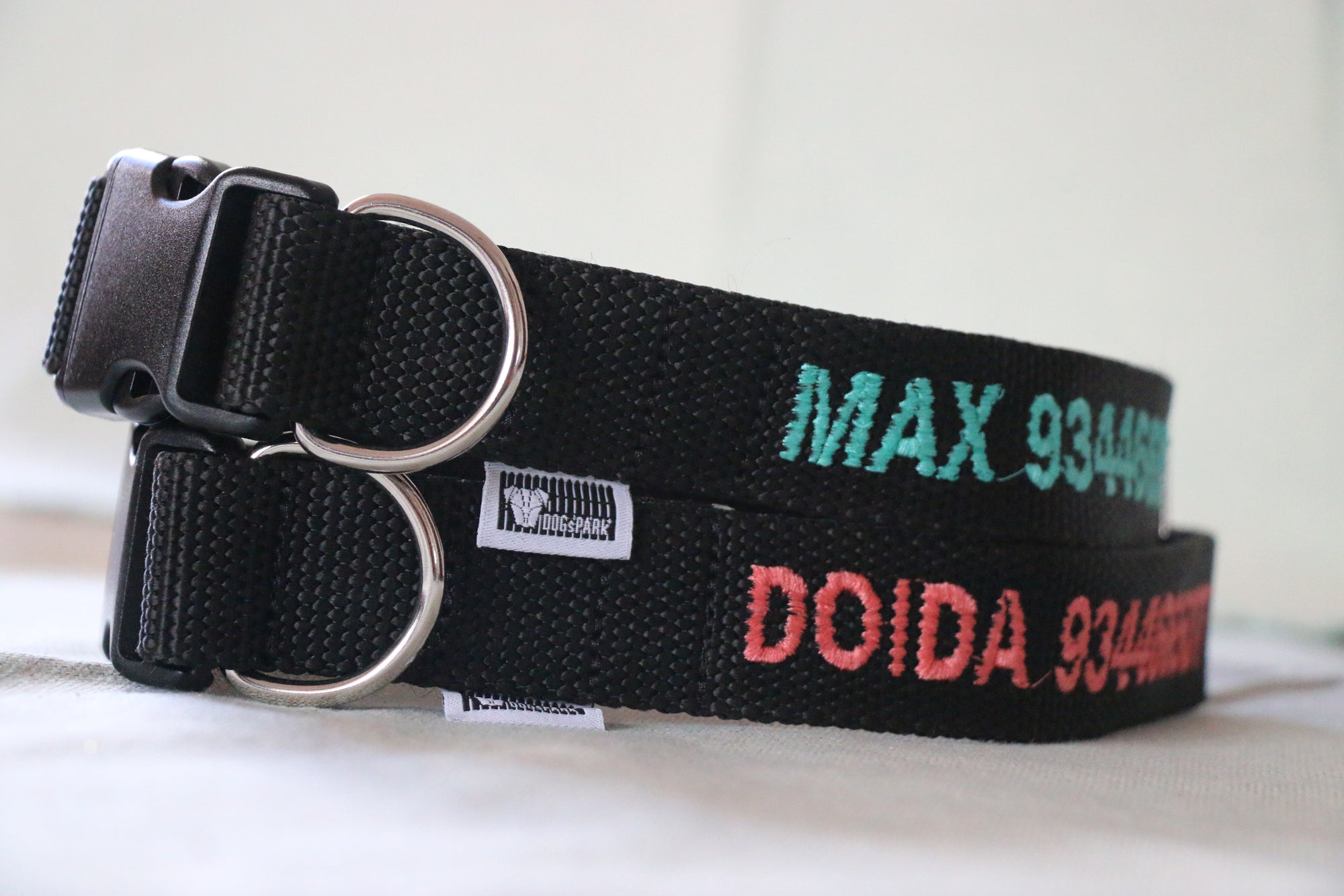 DOGsPARK Custom embroidered BLACK dog collar, 3cm Wide. Light blue and Salmon Embroidery. Handmade in Portugal