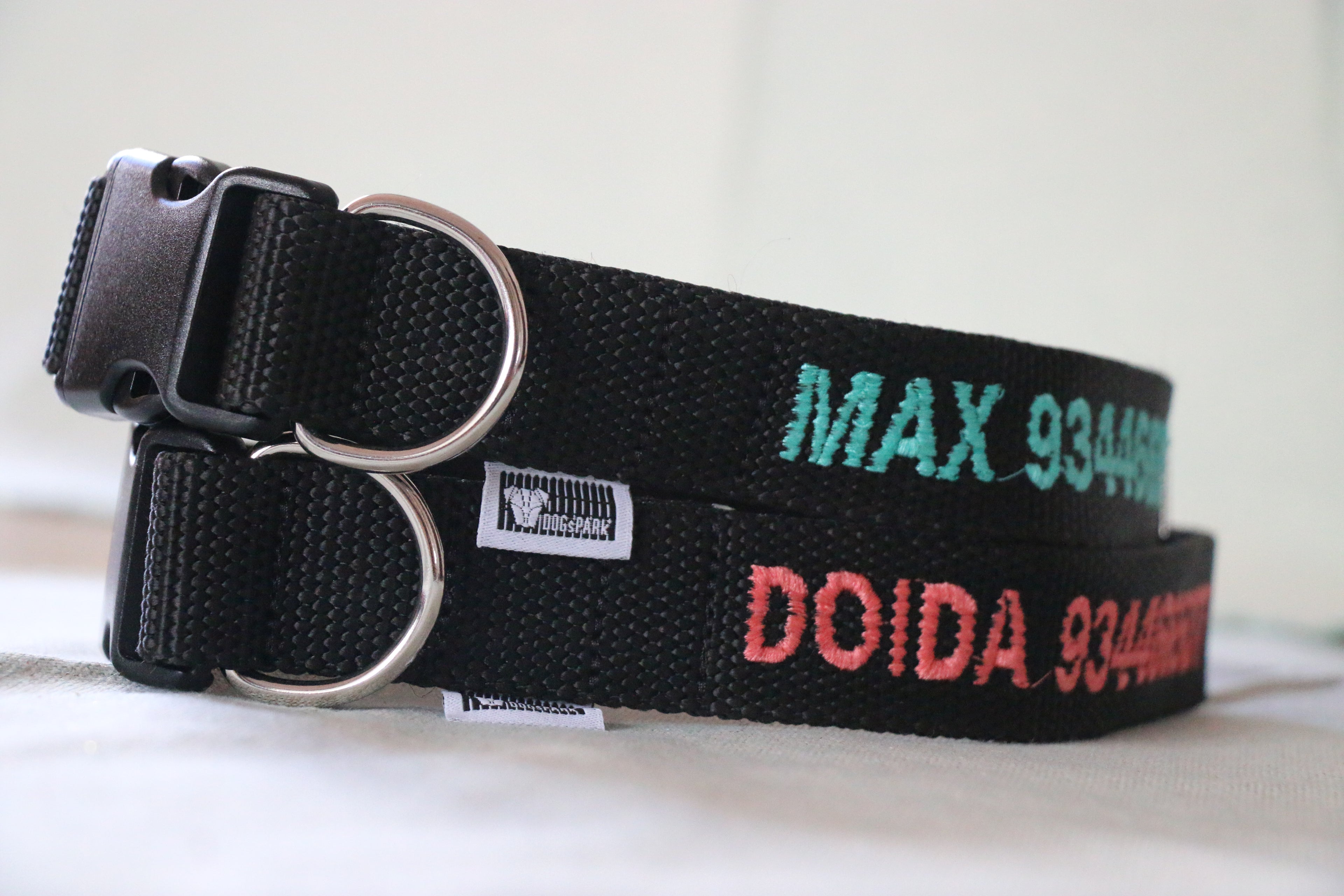 DOGsPARK Custom embroidered BLACK dog collar, 3cm Wide. Light blue and Salmon Embroidery. Handmade in Portugal
