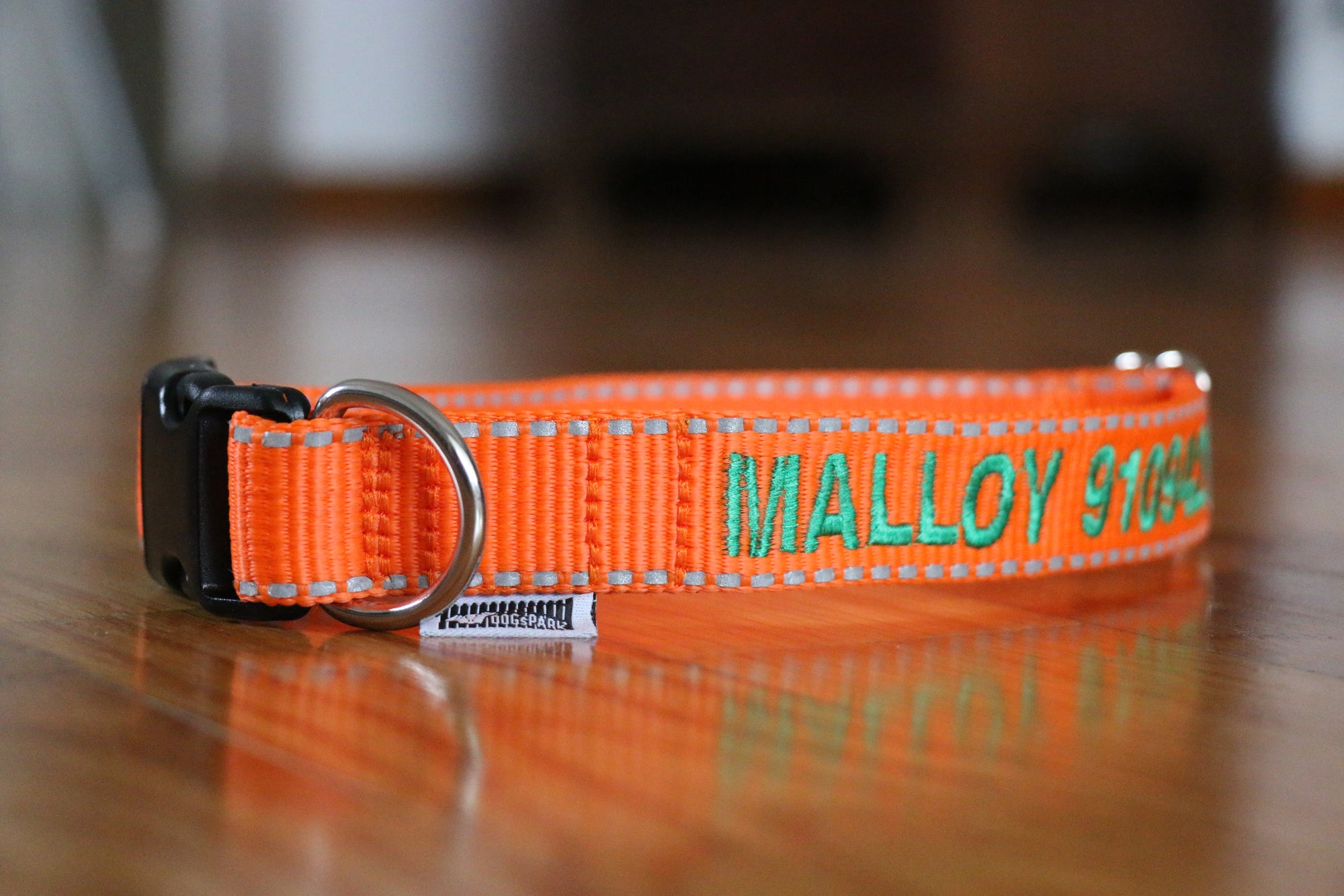 DOGsPARK Custom embroidered ORANGE with reflective piping on the edges dog collar, 2,5cm Wide. Handmade in Portugal.