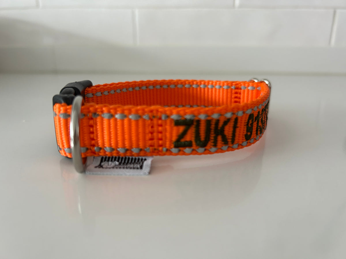DOGsPARK Custom embroidered  ORANGE dog collar, 2cm Wide. Handmade in Portugal