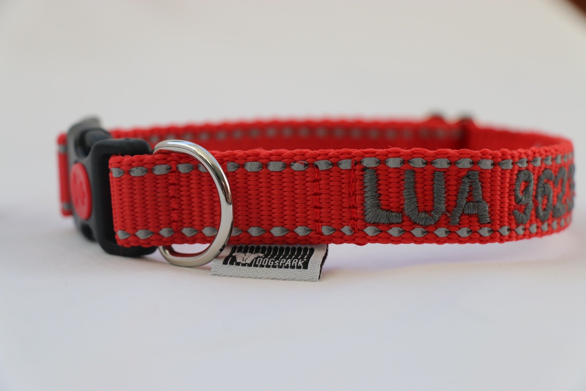 DOGsPARK Custom embroidered RED dog collar with Reflective Piping, 2cm Wide with grey embroidery text. Handmade in Portugal
