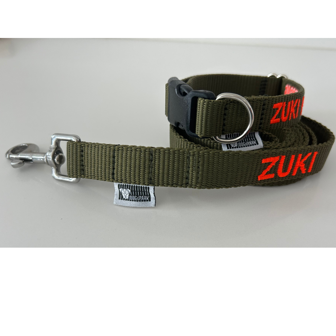 DOGsPARK Custom embroidered olive dog leash, 2cm wide. handmade in Portugal