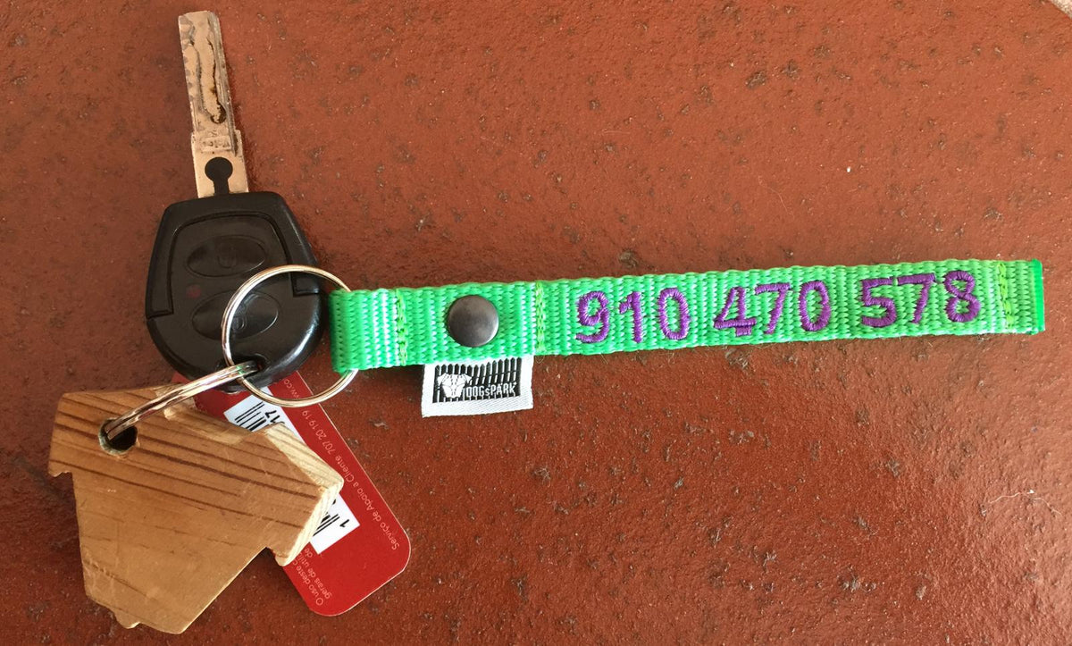 DOGsPARK Custom embroidered keychain neon green with purple embroidery text, handmade in Portugal
