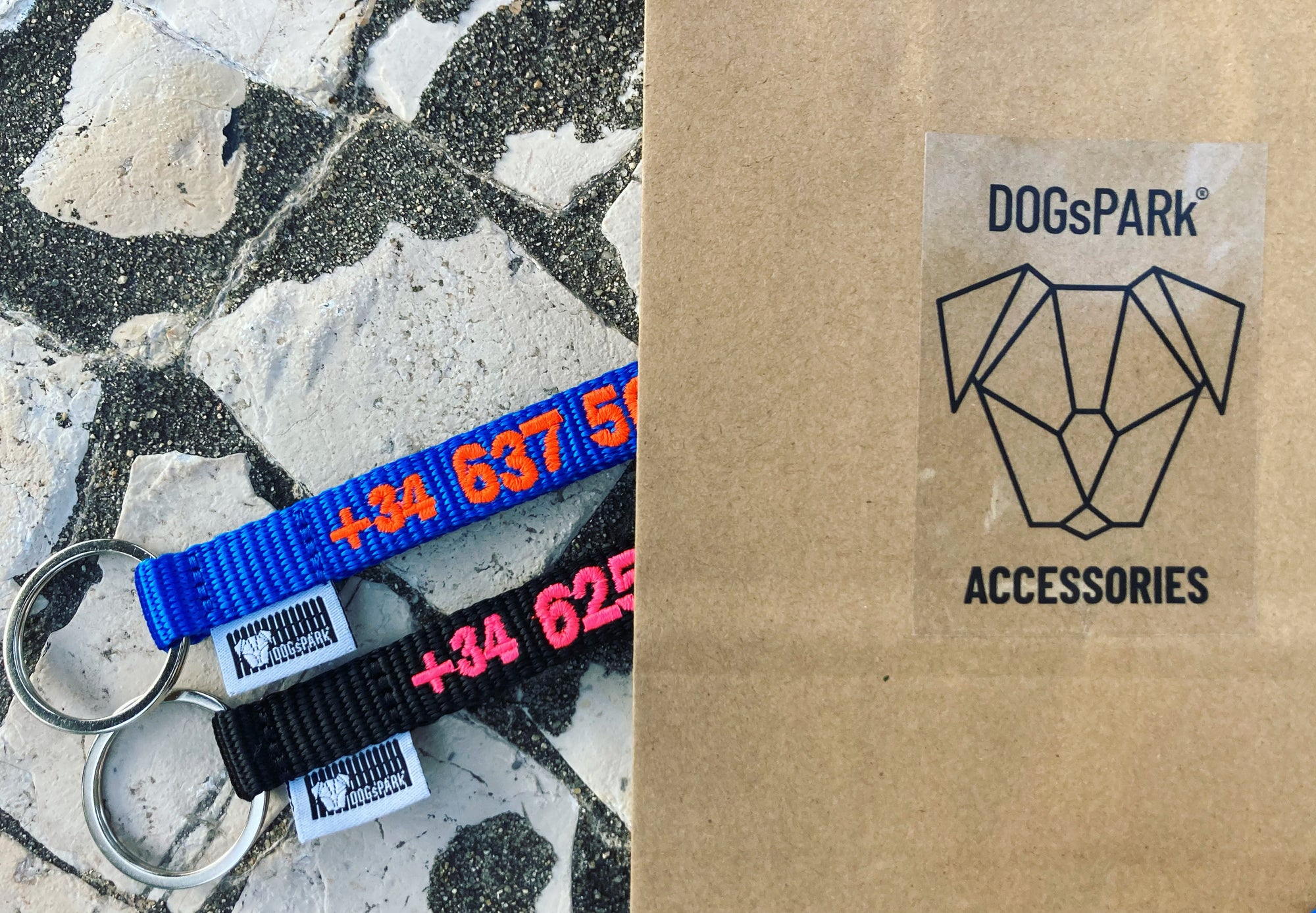 DOGsPARK Custom embroidered keychain blue with orange embroidery text, and Black with Pink Embroidery phone number. Handmade in Portugal