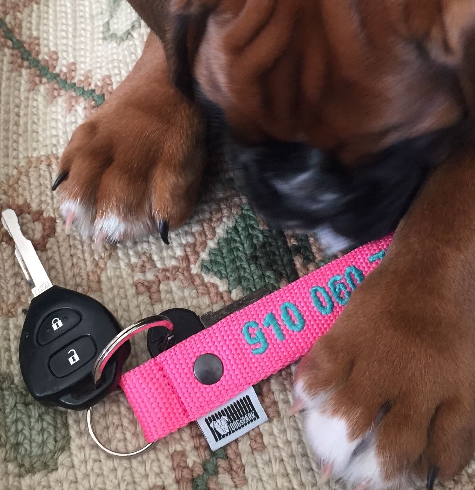 DOGsPARK Custom embroidered keychain pink with light blue embroidery text, handmade in Portugal