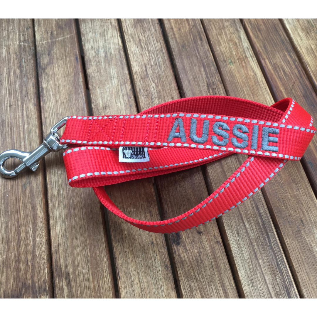 DOGsPARK Custom embroidered red dog leash with reflective piping, 2,5cm wide. handmade in Portugal