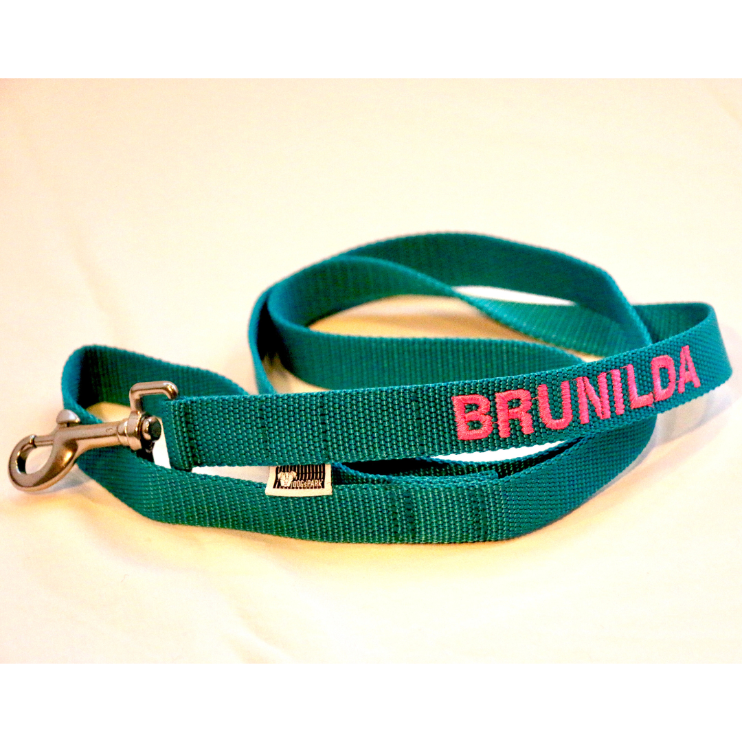 DOGsPARK Custom embroidered teal dog leash, 2,5cm wide. handmade in Portugal
